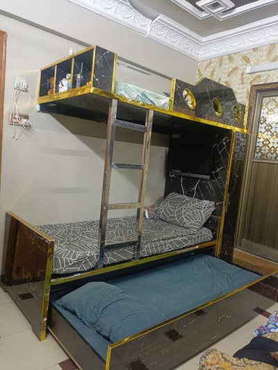 acrylic wood 3 bed bunk bed with huge storage cupboard and shelves