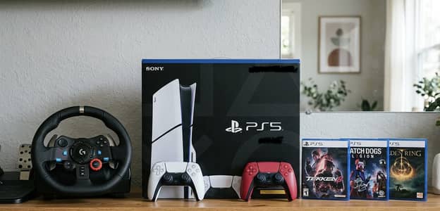 Play Station 5 Disc Edition , Two Controllers & Logitech Steering Whe