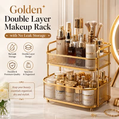 Golden Double Layer Makeup Rack – No Leak Storage | Elegant Vanity Org