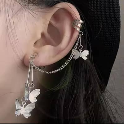 silver plated long chain butterfly design ear cuffs earrings for women