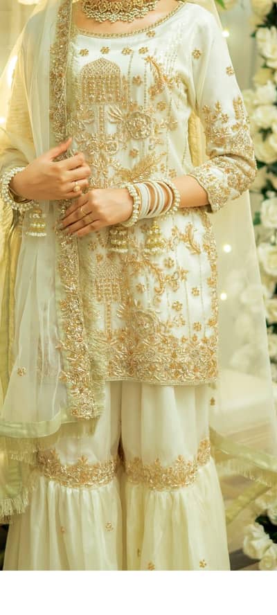 Ivory and gold bridal nikkah gharara set