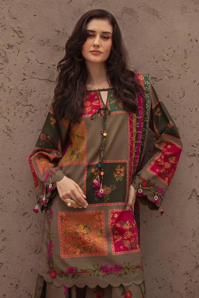Brown digital print lawn 3pcs set for woman Dress