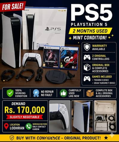 PS5 ( PlayStation 5 ) 2 Months Used | 2 Controllers | Tekken 8 + GT7