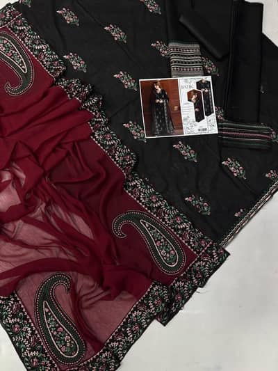 beautiful unstitched 3pc embroidery suit with embroidery duppatta