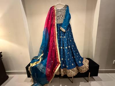 Elegant Blue Embroidered Maxi with Two-Tone Organza Dupatta – Party/W