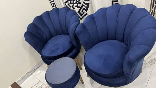 2 Luxury Blue Velvet Accent Chairs with Ottoman