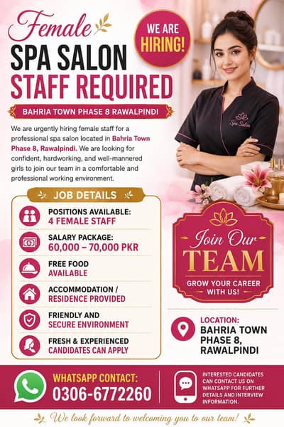 Female spa salon staff Required in Bahria Town phase 8Rawalpondi