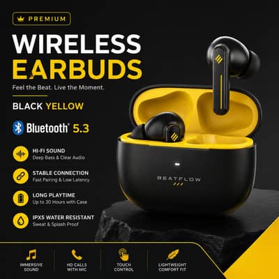 Premium Wireless Earbuds Bluetooth 5.3 Black Yellow | Deep Bass & Lon