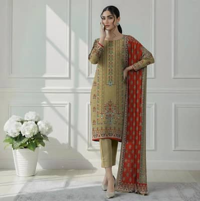 green printed dobby lawn  3piece woman suit