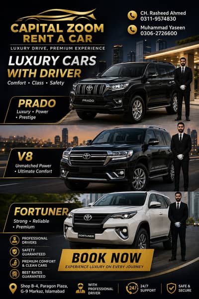 Rent A car Islamabad/Rivo/Prado/Vigo/v8. Fortunner/With driver/