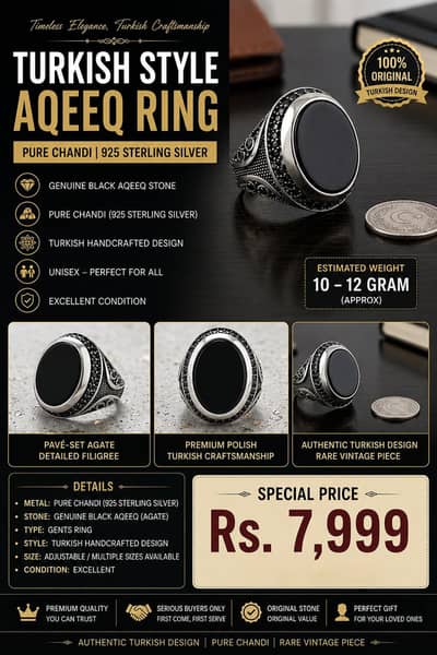 Turkish Aqeeq Sterling Silver Ring (Pure Chandi)