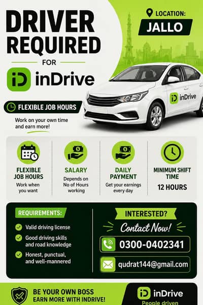 Driver Required for Indrive - Flexible Job in Jallo (Daily Payment)