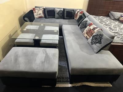 L-Shaped Sofa Set with Center Table – Gray Velvet, Good Condition