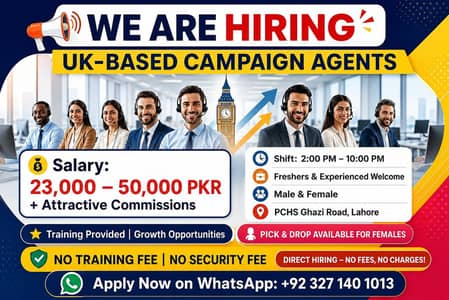 UK-Based Campaign Agents Required–Male & Female| Salary 50k +Commision