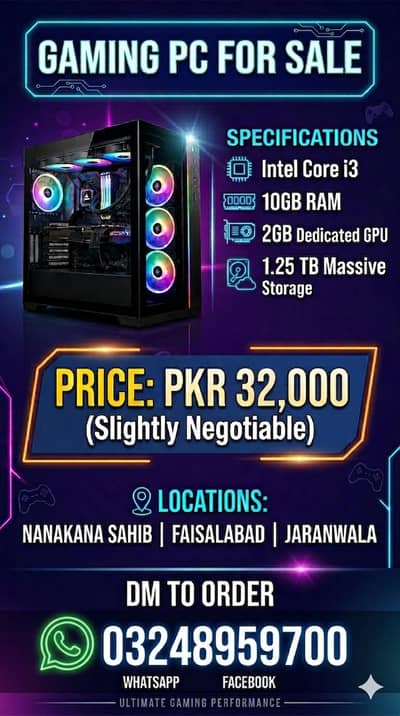 Gaming PC for PUBG Free Fire | Core i3 10GB RAM 2GB Card 1.25TB