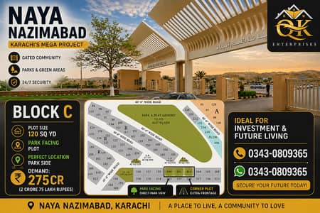 Naya Nazimabad 120SQ Yd Park face Plot for Sale