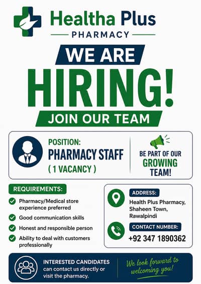 Health Plus Pharmacy is looking for 1 Pharmacy Staff Member