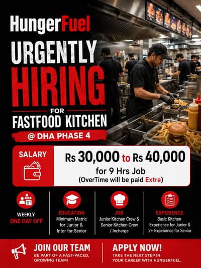 Junior & Senior Kitchen Crew Required for our Fast Food Restaurant