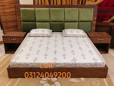 low profile bed wirh two side tables