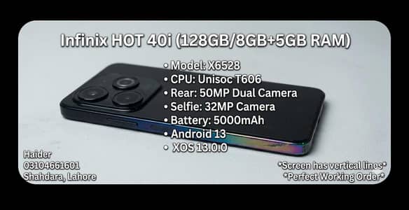 Infinix HOT 40i (8GB+8GB/128GB) - 100% Working, Minor Screen Lines