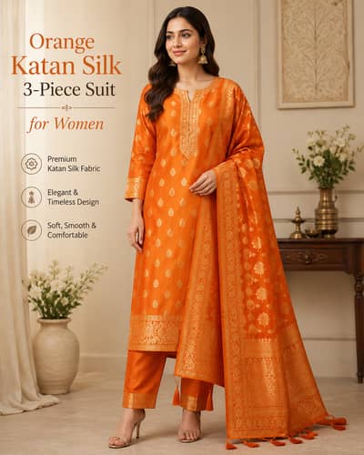 Elegant Orange Katan Silk 3-Piece Suit for Women | Luxury Embroidered