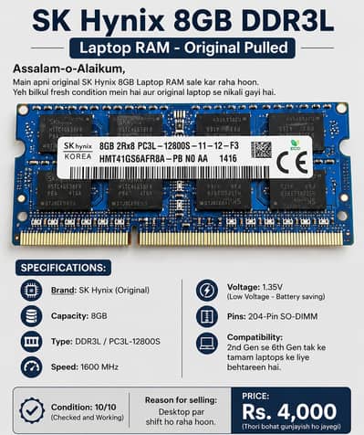 SK Hynix 8GB DDR3L Laptop RAM 1600MHz Original