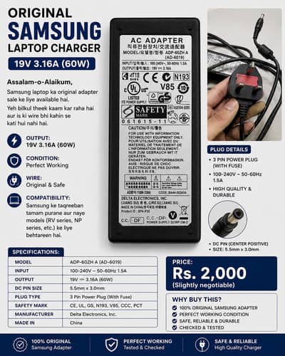 Original Samsung Laptop Charger 19V 3.16A 60W