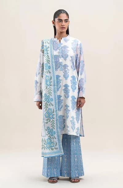 Blue Printed Dobby Lawn 3Pcs Set For Women