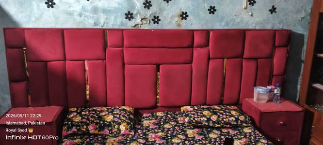 Luxury Maroon Velvet Bed Set with Side Tables, Dressing & Chairs