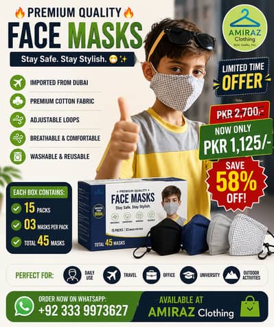 Premium Face Masks Box – 45 Masks | Washable & Reusable