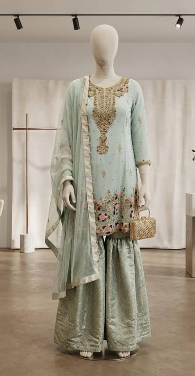 Elegant Mint Green Embroidered Sharara Set