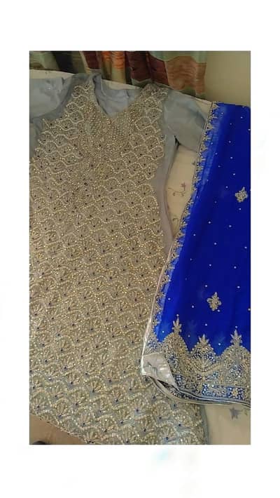 Fancy Silver & Royal Blue Party Wear Dress Heavy Embroide