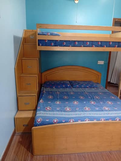 Used Wooden Bunk Bed with Storage Stairs & Double Bed