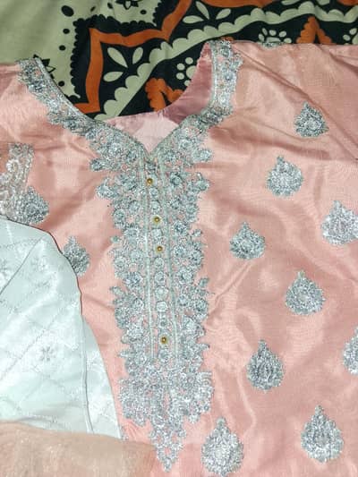 Peach Pink 3-Piece Fancy Suit | All-Over Heavy Work + Tassels | Medium