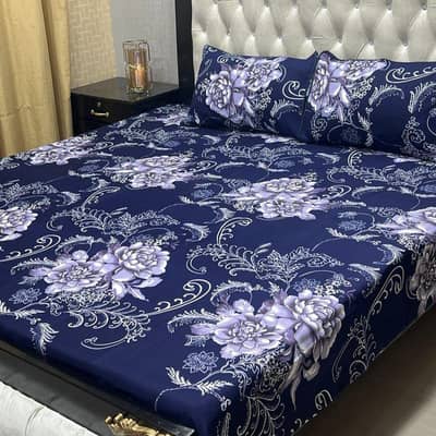 Navy Blue Floral Crystal Cotton Bedsheet Set Double Size