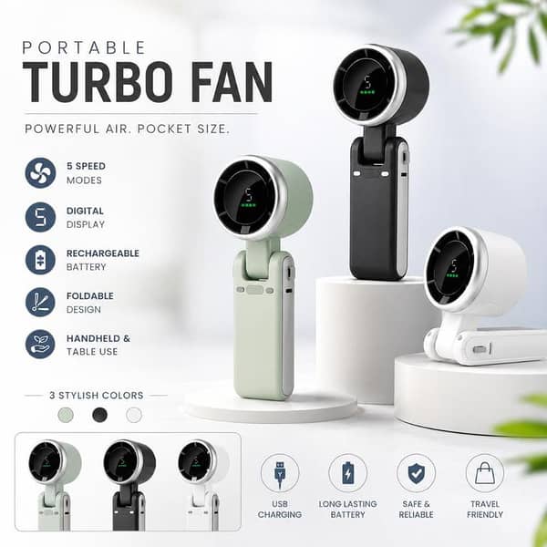 Portable Turbo Fan Foldable Handheld Mini Fan With Digital Display | 5 Speed Modes | Rechargeable USB Fan | Table & Hand Use