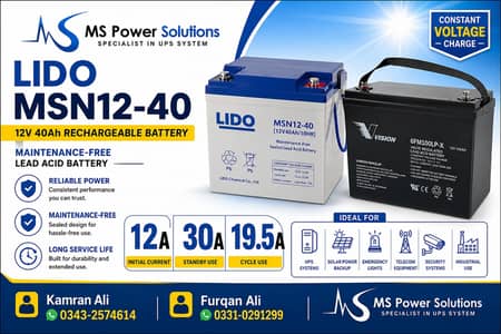 LIDO MSN12-40 Battery | 12V 40Ah | Maintenance-Free UPS & Solar Batter