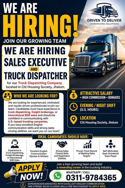 Experienced Sales Executive and truck dispatchers required