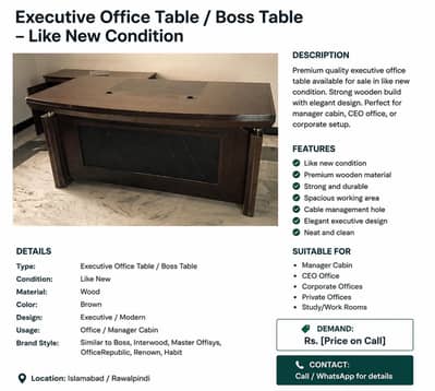 Executive Office Table / Boss Table – Like New Condition