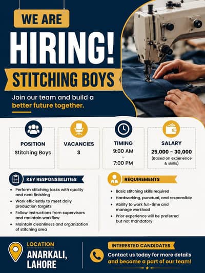 Stitching Boys Required – Full-Time Job | Anarkali, Lahore