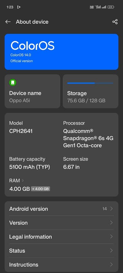 urgent sale to my mobile oppo a5i 4+4 128 GB