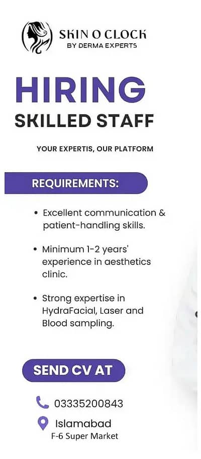 Technical Staff required for Aesthetic & Skin Clinic