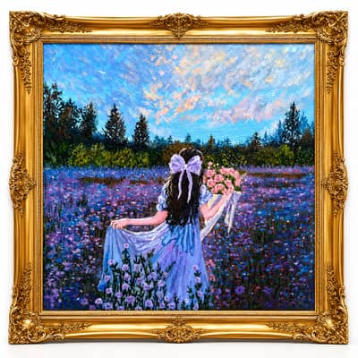 Original Acrylic Landscape Painting | Girl in Flower Field | RABIL