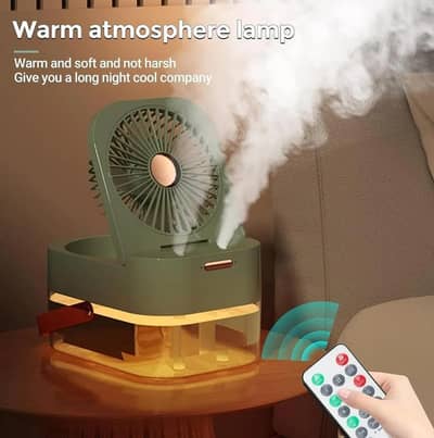 Desk fan with mist and remote control.
