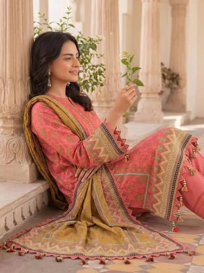 Orange printed  lawn 3 pice suit set