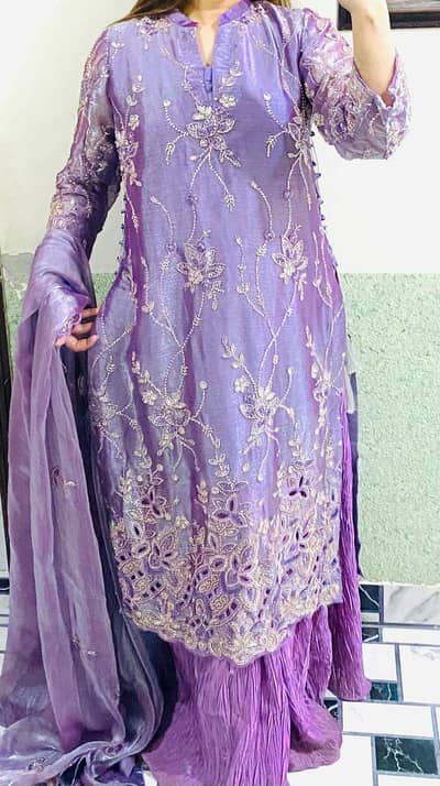 Elegant Lavender Embroidered Party Wear 3 Piece Dress