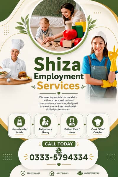 Babysitter, House maid, Cook , Nanny , Couple , Drivers ,Patient care