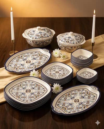 38 Pcs Premium Plastic Dinner Set – Blue Floral Design