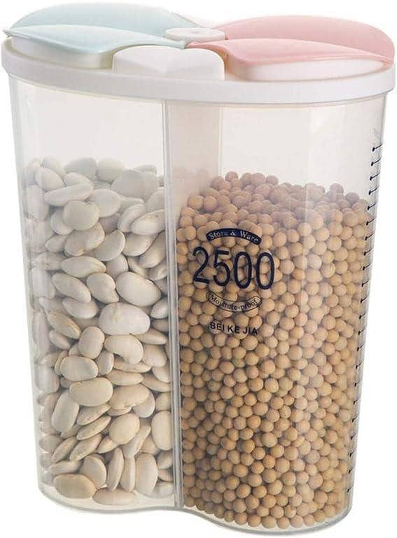 Partition Jar 2-Compartment Airtight Food Storage Container with Lid 2.5L Clear Plastic Canisters Kitchen Pantry Organization Storage Containers For Flour Sugar Cereal Pasta Noodles Beans