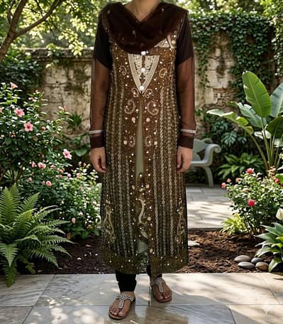 heavy long frock with double net 3 piece suit new brand